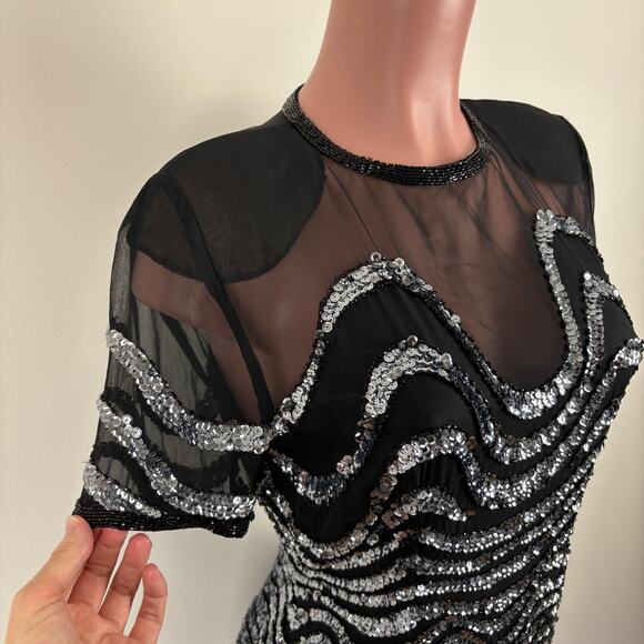 AJ Bari VINTAGE 80s Sequin 100% silk Dress Cocktail Holiday evening event retro - Picture 5 of 11